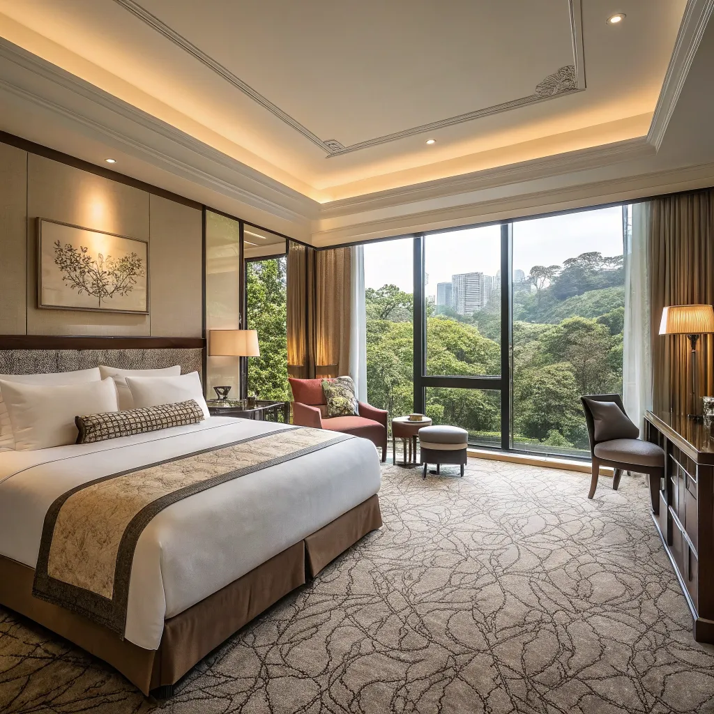 Luxurious hotel room with a lush green view
